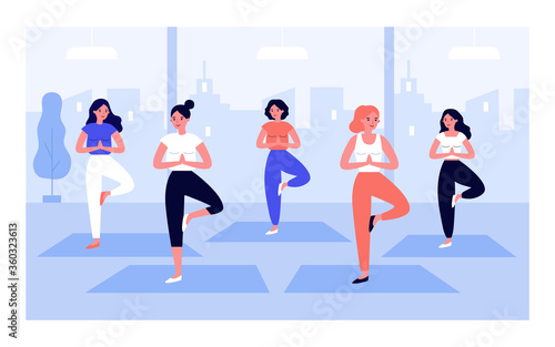 Women yoga group flat vector illustration. Cartoon female characters doing exercise at fitness gym. Gymnastics and physical activity concept