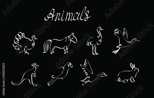 Animals , lineart , chalk lettering vector isolated design elements on black background. Concept for logo, icon, cards 