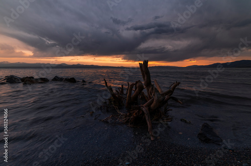 Beautiful sunset landscape. Old stump in the lake on the after rain. Sevan lake Armenia.