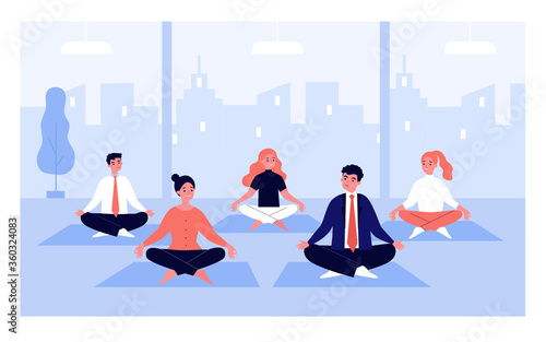 Office workers in yoga group flat vector illustration. Cartoon business people sitting in spiritual pose for meditation. Mindfulness and work concept
