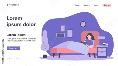 Happy woman reading book in bed. Female student studying library textbook before going to sleep. Vector illustration for healthy habit, leisure, literature concept