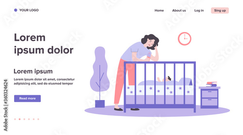 Depressed tired mom giving bottle to baby. Sad sleepy new mother leaning on crib to feed newborn child. Flat vector illustration for postnatal anxiety, postpartum depression, maternity blues concept
