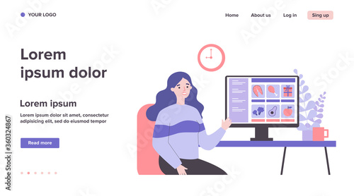 Customer choosing food in online grocery store. Woman at computer, internet shop flat vector illustration. Service, food order during lockdown concept for banner, website design or landing web page