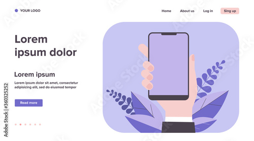 IPhone in hand flat vector illustration. Cartoon hand holding mobile phone, making blank screenshot, using face id. Software and technology concept