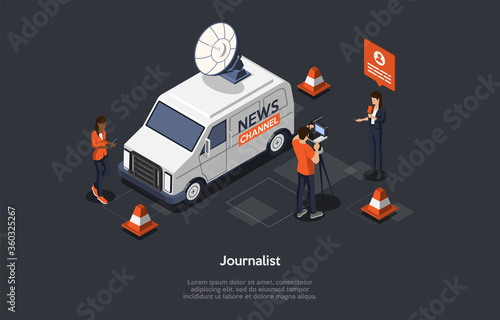 Concept Of Breaking Latest News. News Update, Online News. Characters Are Filming Reportage. Reporters Publishing True News Based On Information From Journalists. Isometric 3D Vector Illustration