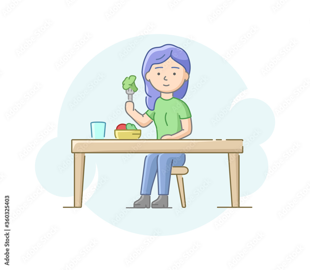 Good Nutrition Concept. Causes and Consequences Of Unhealthy Eating. Female Character Adhere Healthy Lifestyle, Eating Healthy Vegan Plant Food. Cartoon Linear Outline Flat Style. Vector Illustration