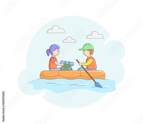 Camping Tourism Concept. Tourist Hiking. Young Couple Man And Woman Sailing. Male And Female Characters With Camping Tourist Backpack Cross The River. Cartoon Linear Outline Flat Vector Illustration