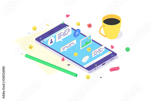 Isometric mobile phone technology design smartphone internet social app screen icon digital flat vector illustration