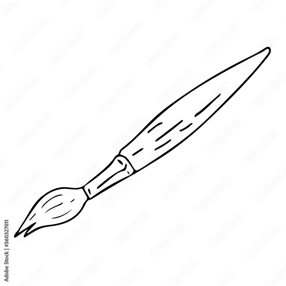 Obraz premium Drawn in doodle style vector illustration of art brush. Stationery for study at school. Vector design element isolated on a white background. Continuous line drawing