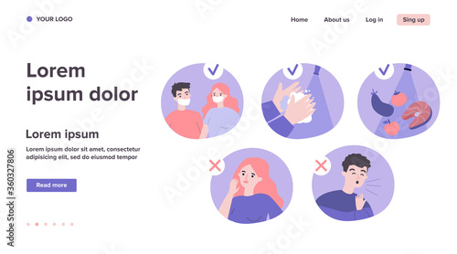 Coronavirus protection tips. People wearing masks, washing hands, coughing, suffering from flu symptoms. Vector illustration for 2019-ncov spreading, health, safety concept