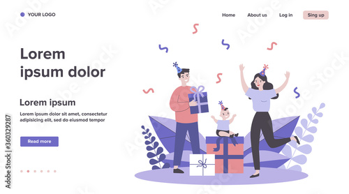 Family celebrating first kid birthday. Young couple, toddler, gifts, confetti flat vector illustration. Baby party, childhood, fun concept for banner, website design or landing web page