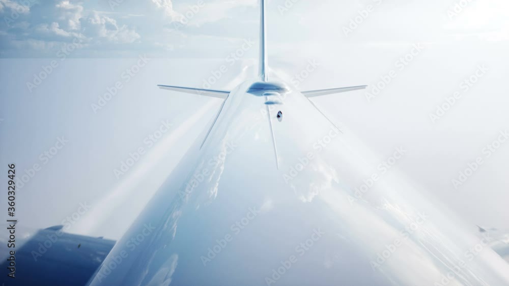Passenger flying Plane animation. Daylight, clouds. A condensation ...