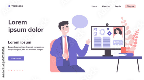 Business colleagues chatting online and discussing project. App for work, conference call, workflow flat vector illustration. Teamwork, lockdown concept for banner, website design or landing web page