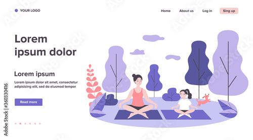 Happy mom and daughter practicing yoga in park. Woman and girl training outdoors. Flat vector illustration for family activity, outdoor workout, fitness, leisure concept