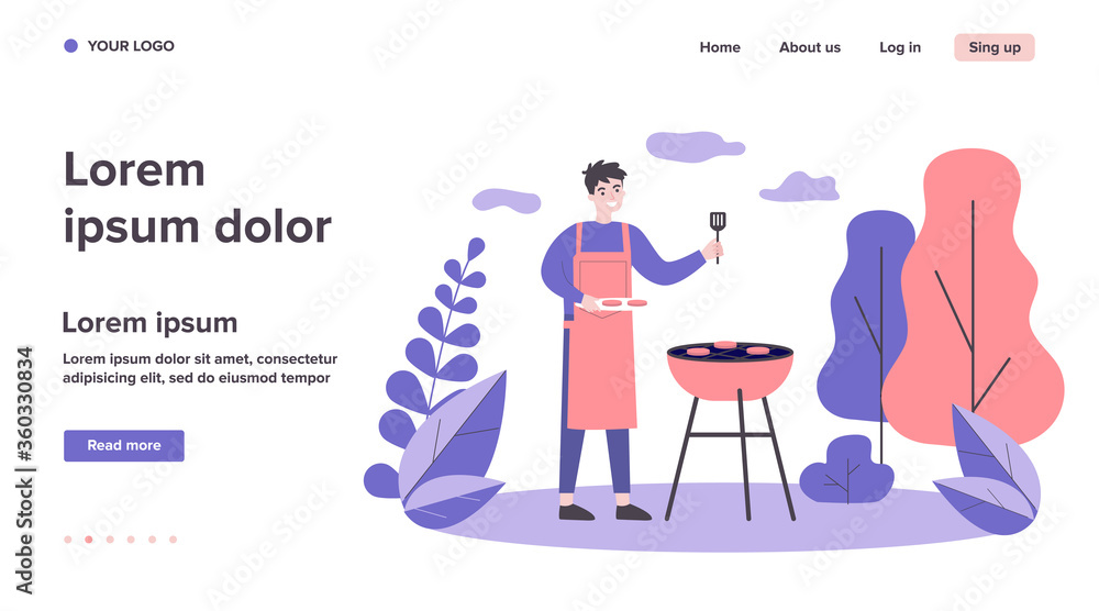 Happy man cooking barbecue meat outdoors. Cheerful guy grilling steaks outside. Flat vector illustration for bbq party, shashlik, summer activity concept Happy man cooking barbecue meat outdoors. Cheerful guy grilling steaks outside. Flat vector illustration for bbq party, shashlik, summer activity concept