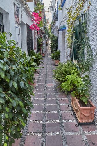 A picturesque and narrow street in Marbella old town, province of Malaga, Spain