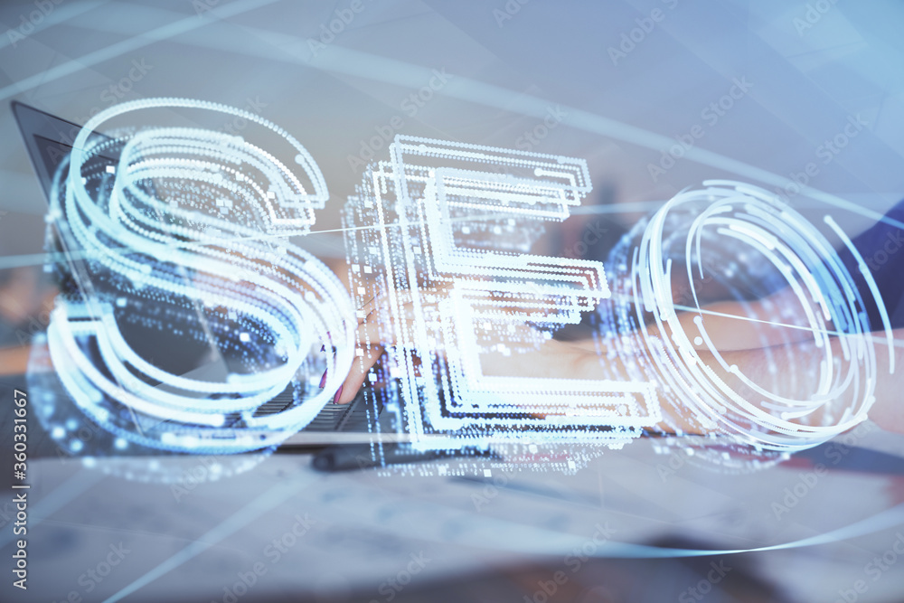 Double exposure of woman hands working on computer and seo hologram drawing. internet search concept. Double exposure of woman hands working on computer and seo hologram drawing. internet search concept.