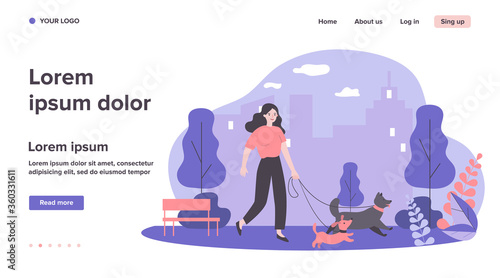 Happy woman walking dogs on leashes in city park. Vector illustration for pets, animal care, activity, leisure, friendship concept