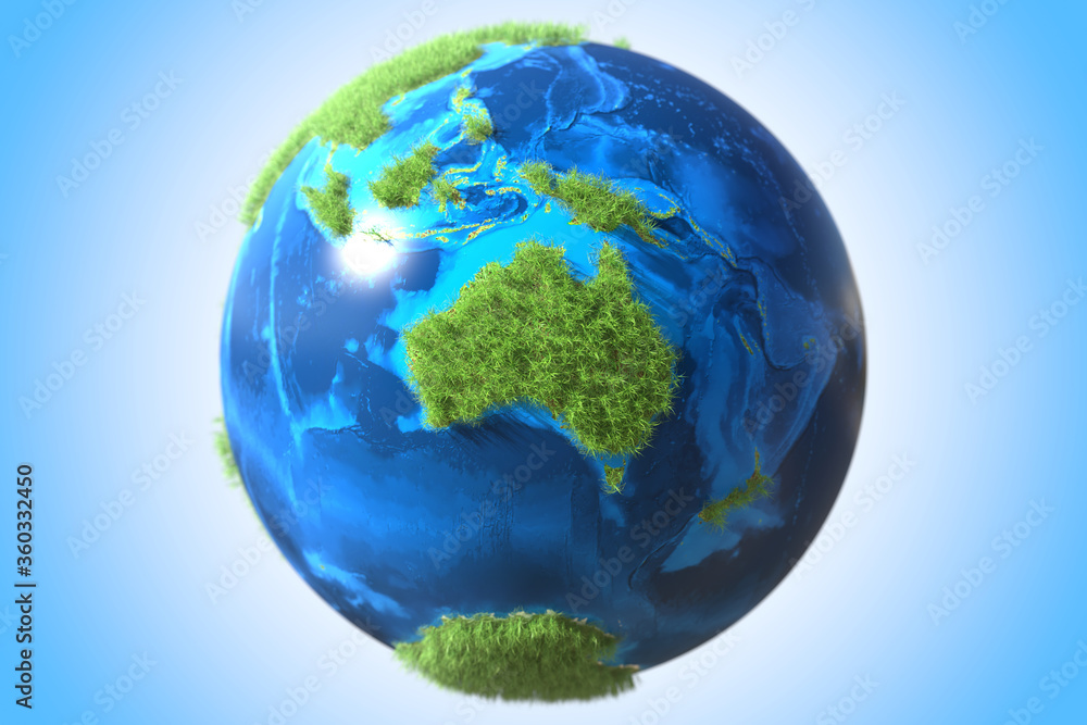 Australia continent covered with green grass on the Earth globe. Ecological sustainable technology related conceptual 3D rendering