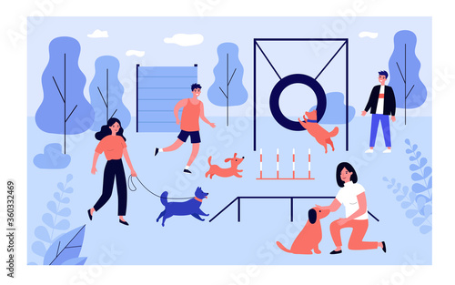 Happy people with dogs at city park flat vector illustration. Cartoon pets jumping, running, walking, playing, training at dog area. Animals and activity concept