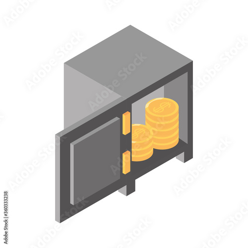isometric money cash currency open safe box coins earning isolated on white background flat icon