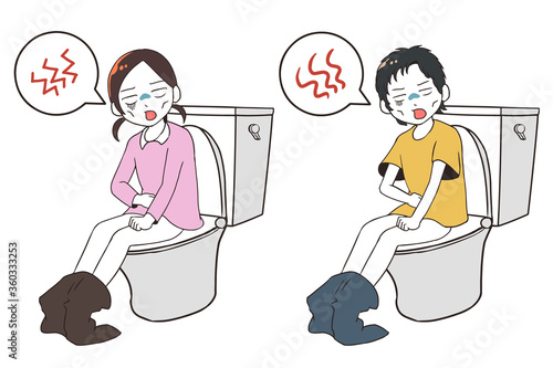 トイレでゲッソリする子供(マンガ調、吹き出し付き)