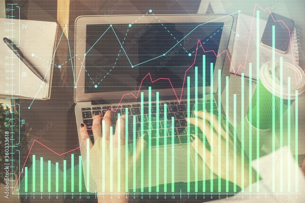 Double exposure of woman hands typing on computer and forex chart hologram drawing. Stock market invest concept. Double exposure of woman hands typing on computer and forex chart hologram drawing. Stock market invest concept.