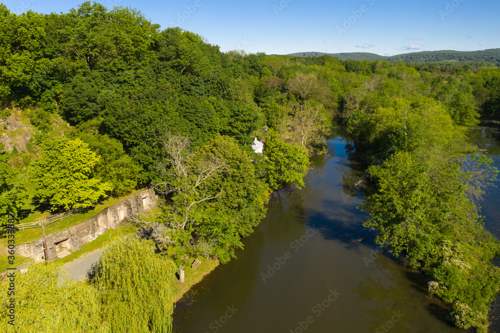 Aerial view of the waterway and greenery at the Old Red Mill in Clinton, New Jersey, USA