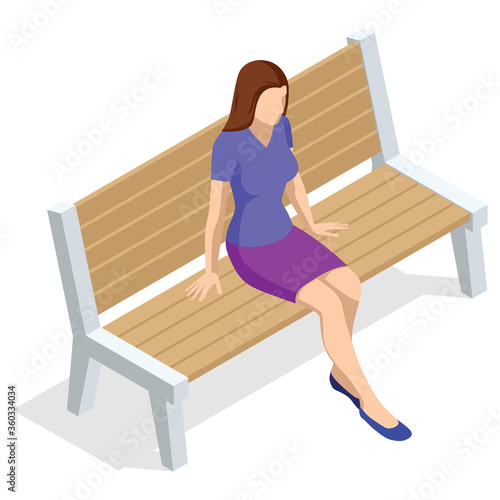 Isometric young woman sitting on a bench and resting. Front view. Isolated on white background