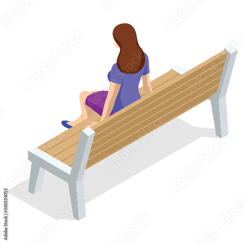 Isometric young woman sitting on a bench and resting. Back view. Isolated on white background