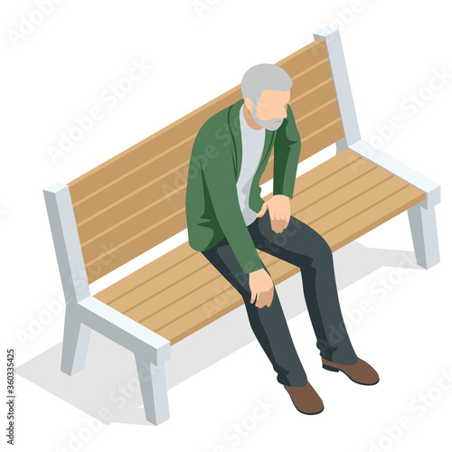 Isometric old man sitting on a bench and resting , front view, Isolated on white background