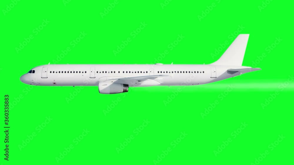 Passenger flying Plane animation. A condensation trail of an airplane. Green screen 4k footage.