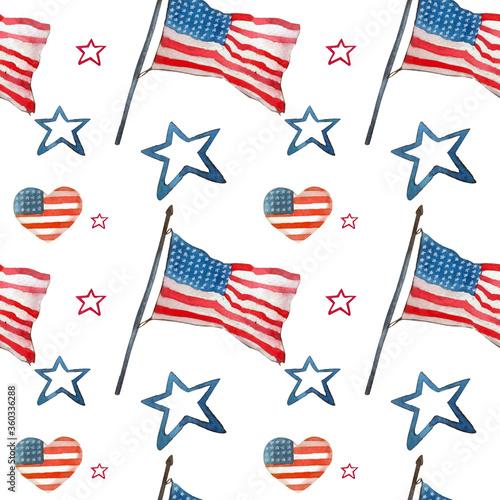 Handdrawn watercolor illustration. Seamless pattern for 4th of july