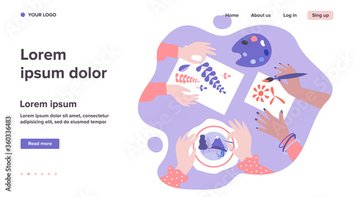 Diverse kids creating craftworks. Hands of children painting, scrapbooking, embroidering. Vector illustration for creative craft art, handmade work, workshop concept