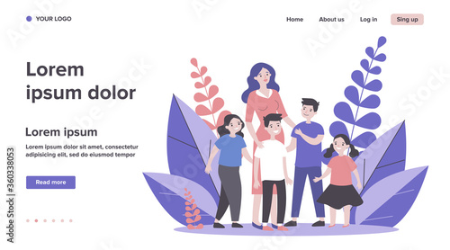 Happy mother walking with several children. Boy, girl, kid, siblings flat vector illustration. Big family, motherhood concept for banner, website design or landing web page
