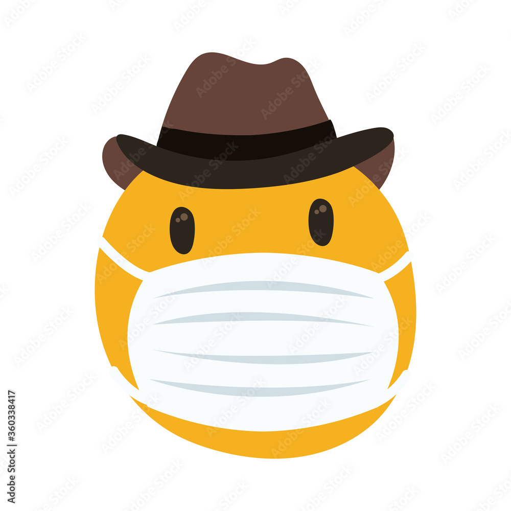 emoji wearing medical mask with cowboy hat hand draw style Stock Vector