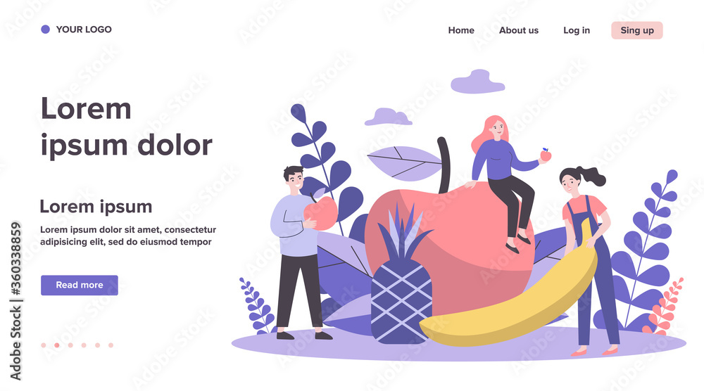 Obraz premium Happy people keeping healthy diet. Men and women holding fruits, apple, pineapple, banana. Vector illustration for fitness, dietitian nutrition, organic food concept