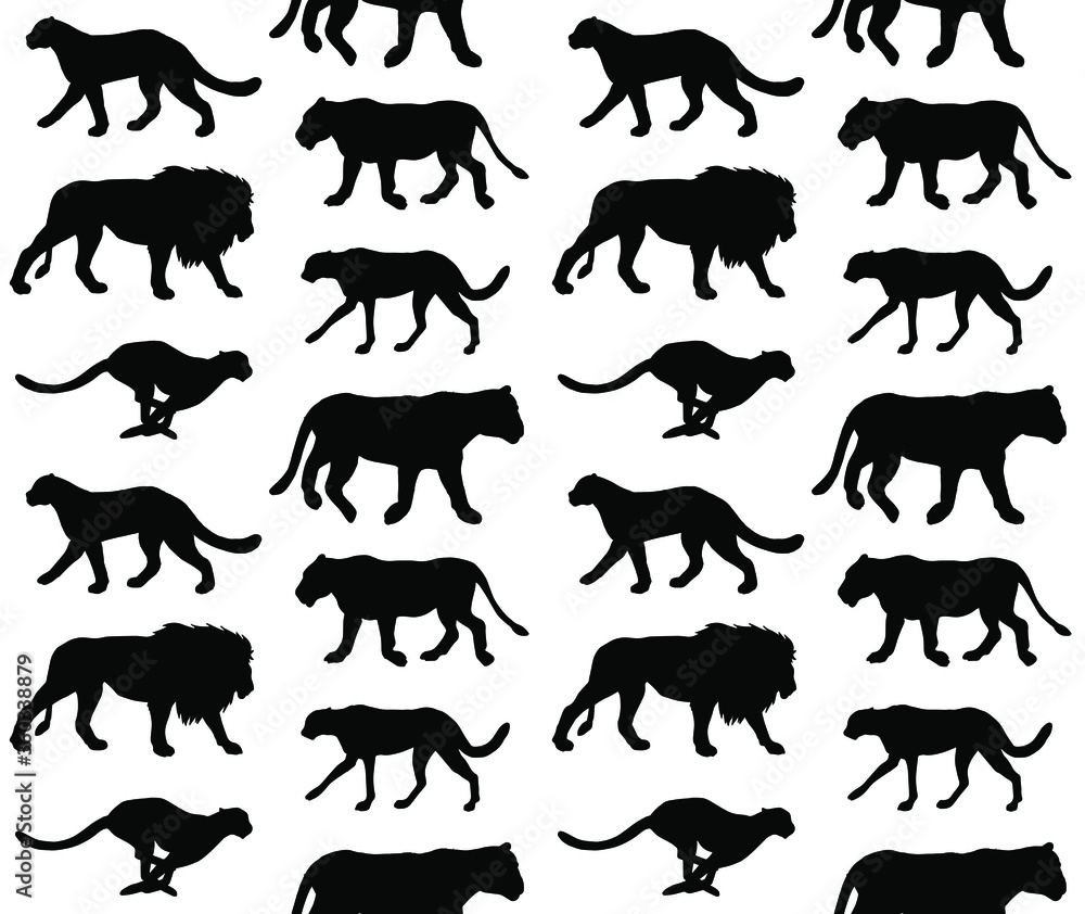Vector seamless pattern of black hand drawn doodle sketch wild cats silhouette isolated on white background