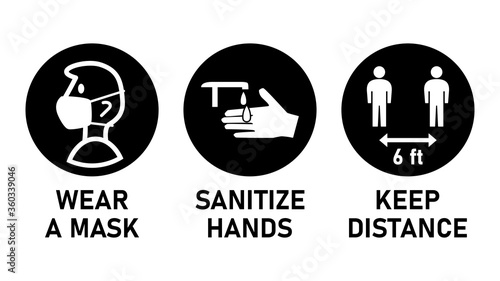 Round Instruction Signs with Basic Set of Measures against the Spread of Coronavirus Covid-19 including Wear a Mask, Sanitize Hands and Keep Distance 6 ft or 6 Feet. Vector Image.