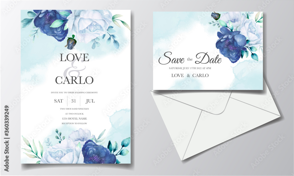 Wedding invitation card with blue watercolor floral