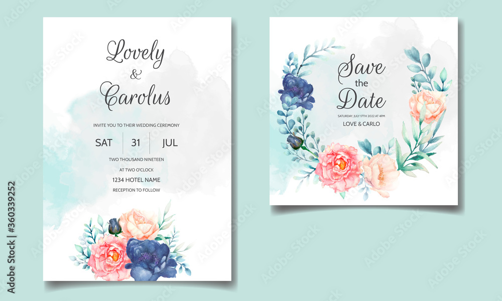 Luxury wedding invitation card template set with beautiful watercolor floral