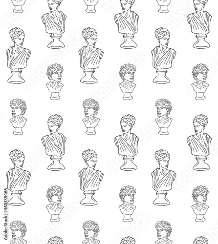 Vector seamless pattern of hand drawn doodle sketch antique man and woman bust statue isolated on white background
