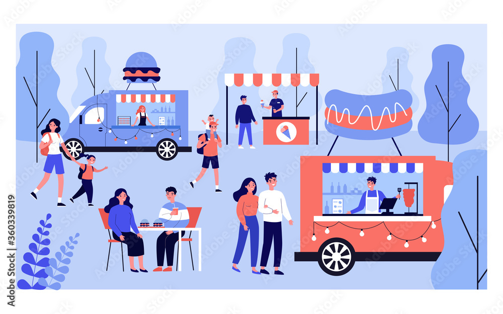 Different people relaxing on street food festival isolated flat vector illustration. Cartoon crowd walking on fair and eating in park. Summer event and vacation concept
