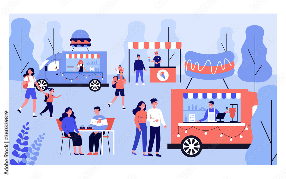 Naklejka premium Different people relaxing on street food festival isolated flat vector illustration. Cartoon crowd walking on fair and eating in park. Summer event and vacation concept
