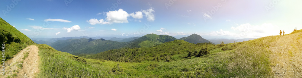 Panoramic picture with the Carpathian mountains and the road. Ukraine.