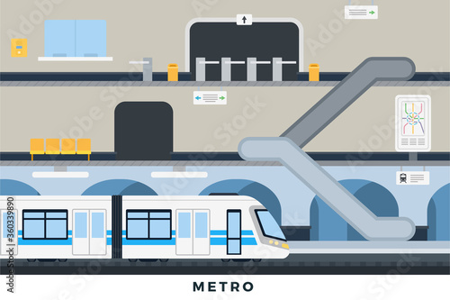 Metro vector illustration in flat design. City metro station platform and underground train.