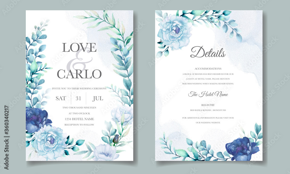 Wedding invitation card with blue watercolor floral