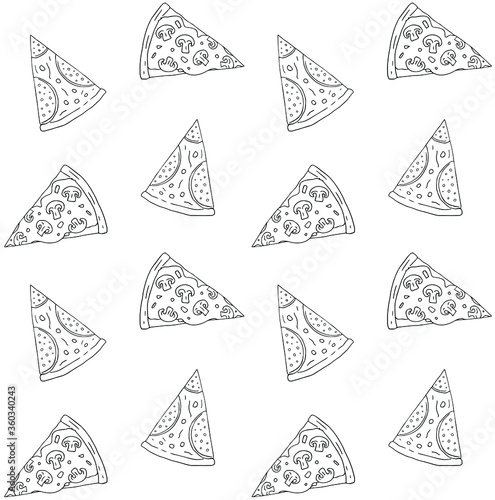 Vector seamless pattern of hand drawn doodle sketch pepperoni and mushroom pizza slice isolated on white background