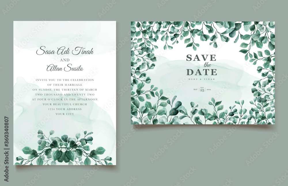 Eucalyptus watercolor wedding invitation card template