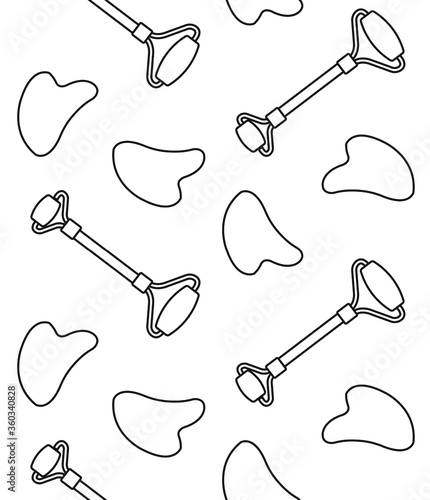 Vector seamless pattern of flat cartoon black outline stone face massage Roller and Gua Sha Set isolated on white background